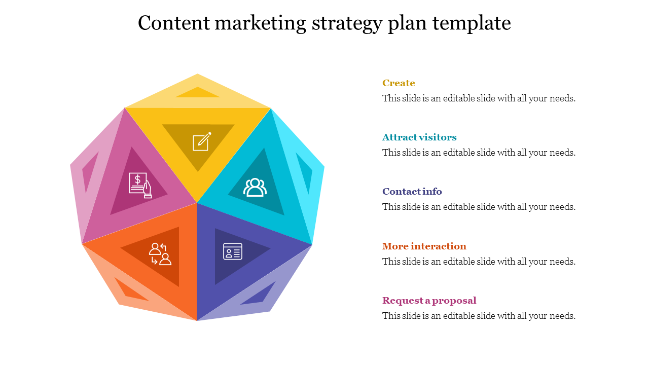 Content marketing strategy PowerPoint template with a 3D polygonal diagram illustrating six key marketing elements.