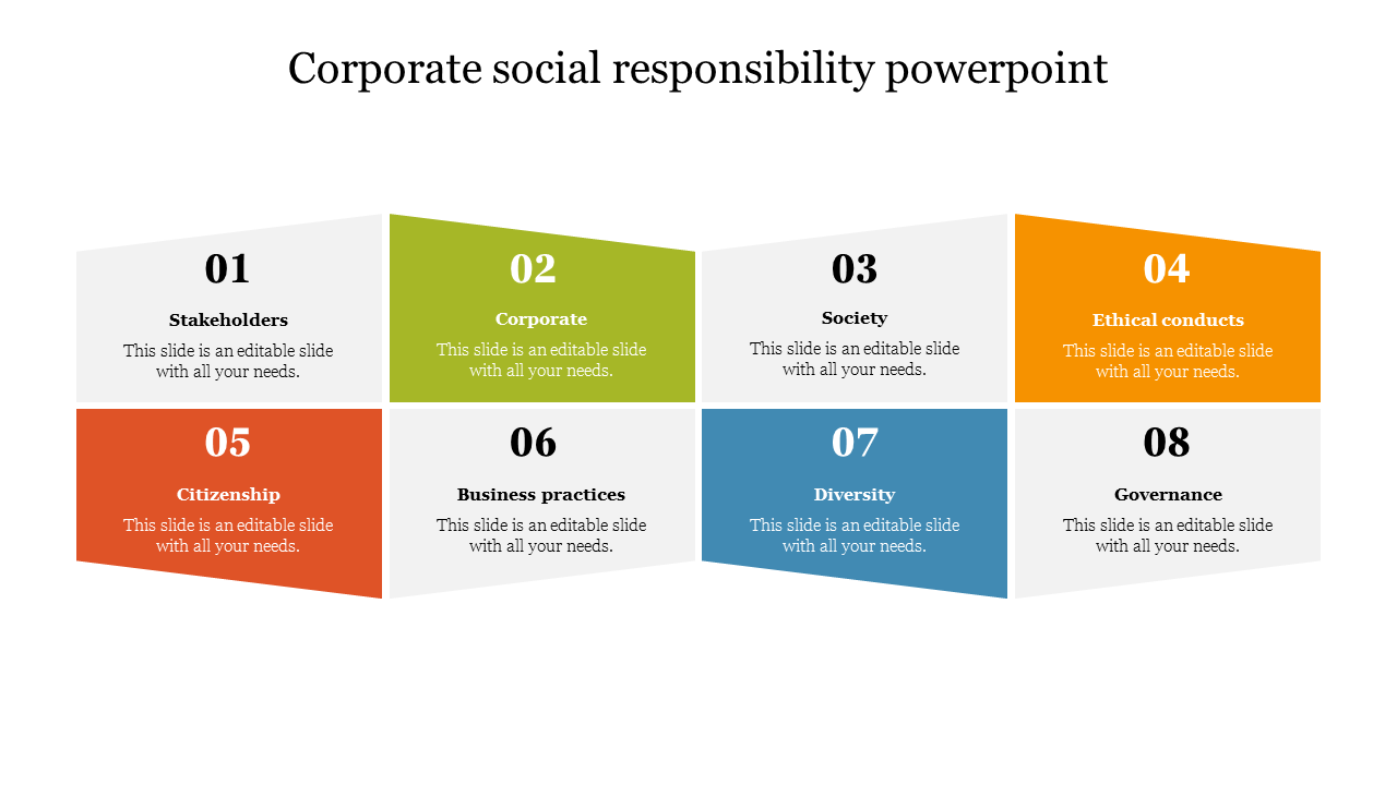 Corporate social responsibility infographic divided into eight labeled blocks with distinct colors for each segment.