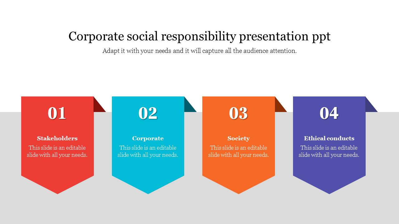 PowerPoint slide displaying four colorful banners representing key aspects of corporate social responsibility.