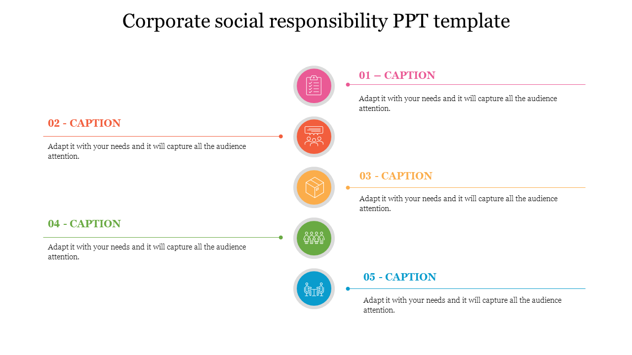 Corporate social responsibility PowerPoint template with colorful icons and caption text.