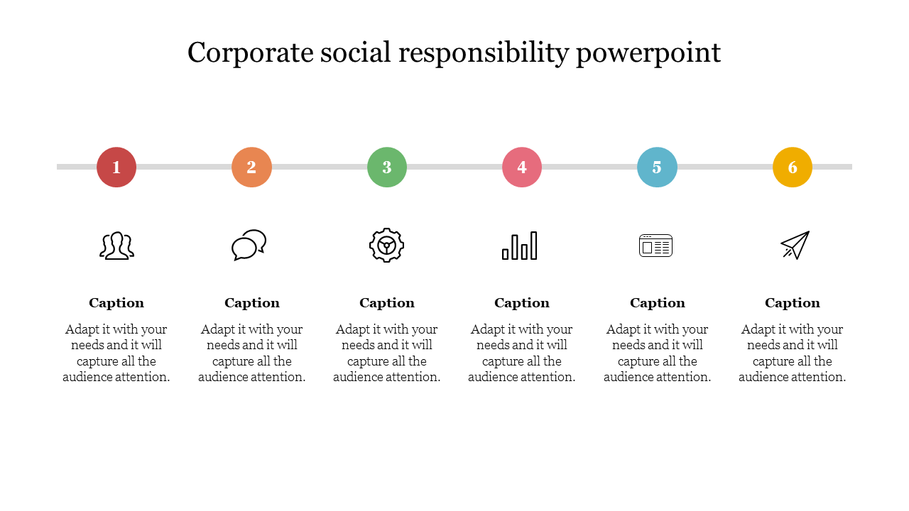 Corporate social responsibility timeline featuring six icons aligned under numbered circles  each with caption areas below.