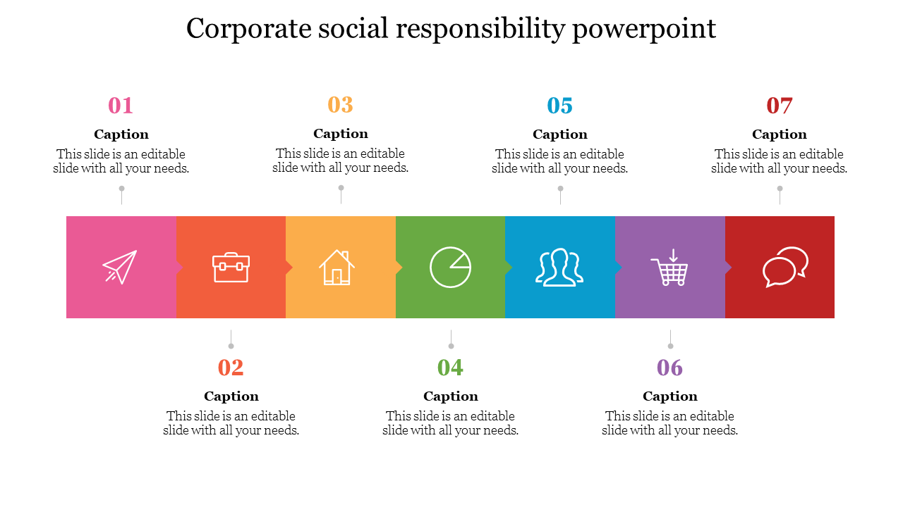 A colorful corporate social responsibility PowerPoint template with sections for various topics and captions.