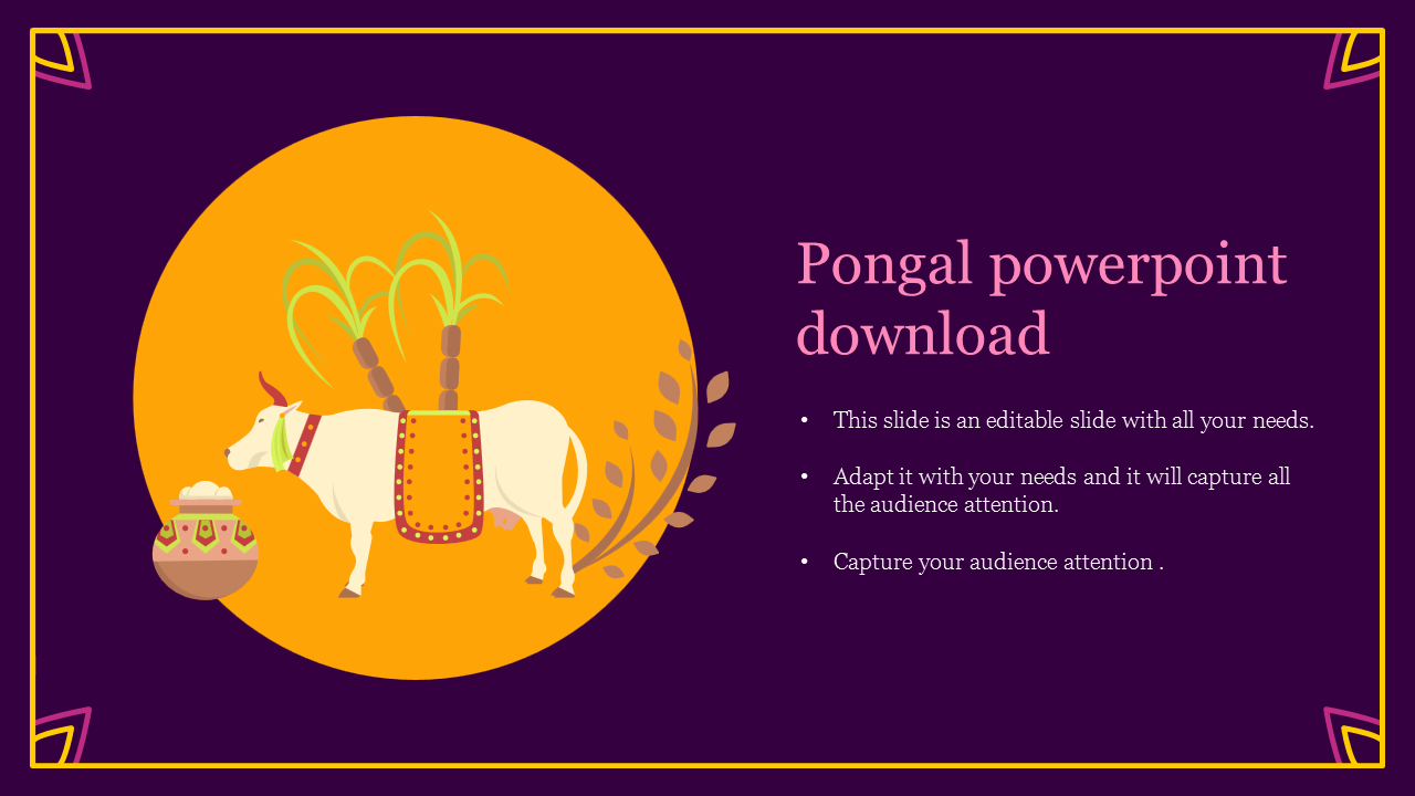 Slide with a purple background, showing a white cow, a pongal pot, and sugarcane inside an orange circle.