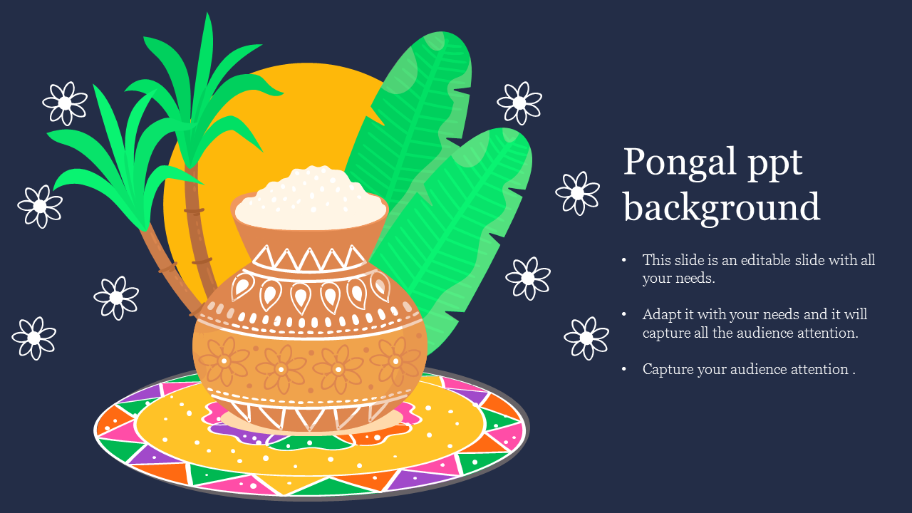 Pongal themed illustration with clay pot, sugarcane, banana leaves, and floral decorations on a dark background.