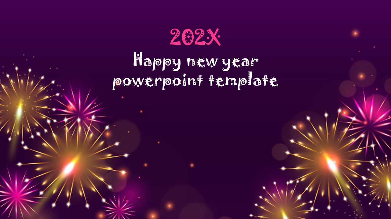 Vibrant Happy New Year PowerPoint template with a purple background and colorful fireworks display.