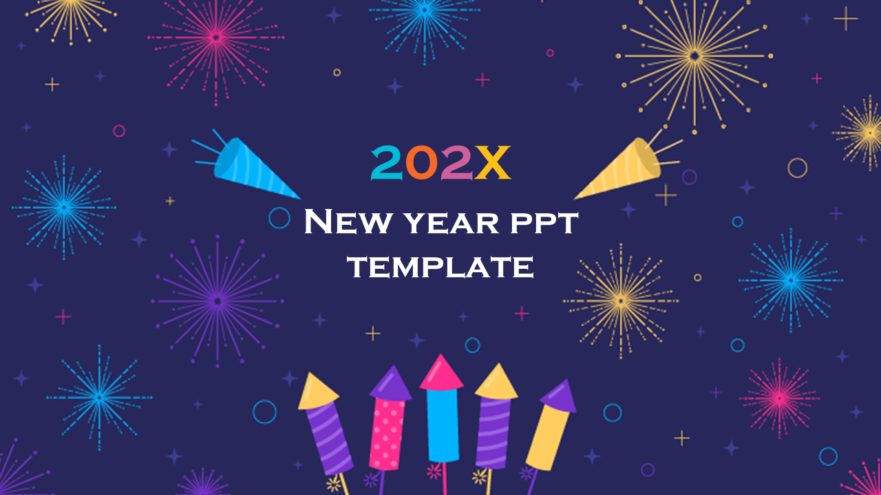 Vibrant new year slide with colorful fireworks, party poppers, and rocket illustrations on a navy background.