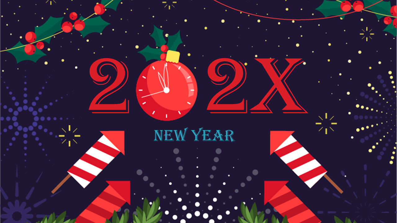 New Year PowerPoint slide with the year 202X and festive elements like fireworks, Christmas decorations, and rockets.