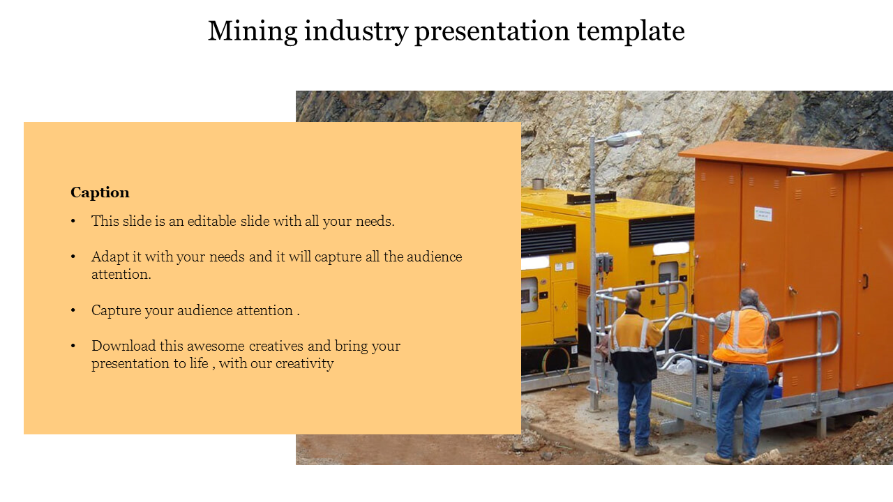 Mining industry PowerPoint template featuring workers with safety gear near orange machinery and a text box.