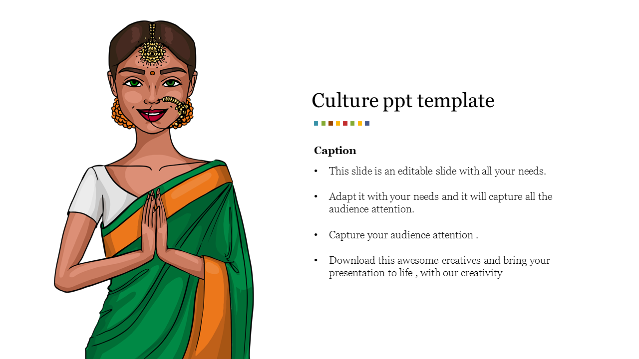 Illustration of a woman in traditional attire with hands in a greeting gesture, next to text about a culture PPT template.