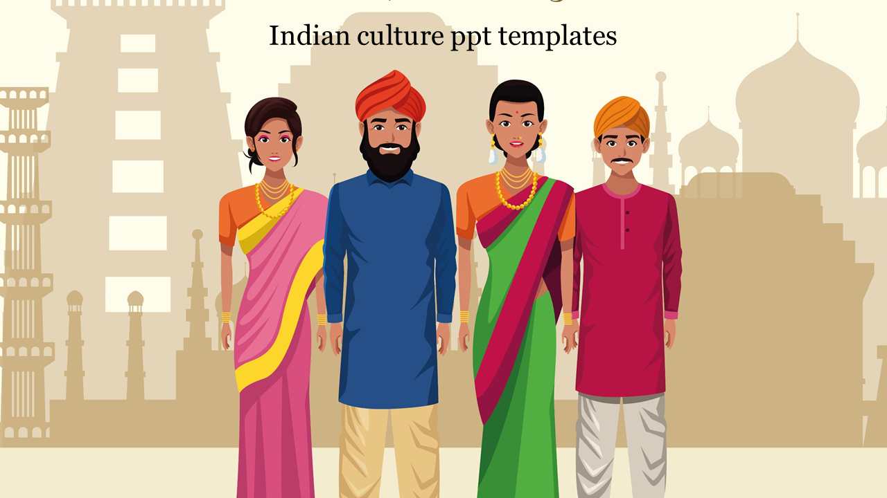 Indian culture template with two men and two women in traditional attire, standing before cultural landmarks.