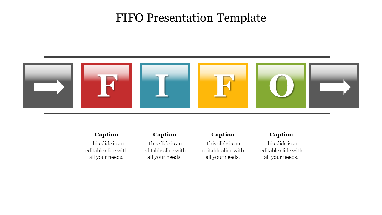 Four colorful boxes displaying the letters F, I, F, O in sequence, bordered by directional arrows on a horizontal line.