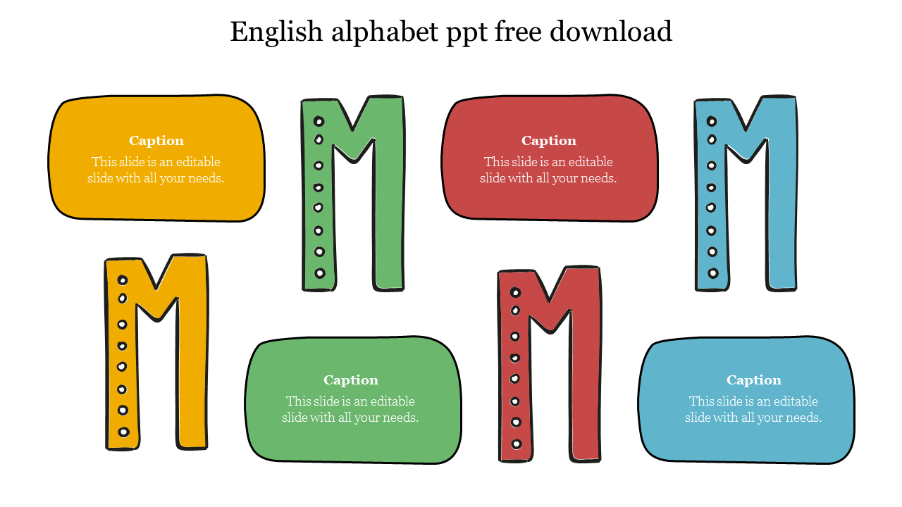 Colorful english alphabet slide with letters and captions for placeholder text.