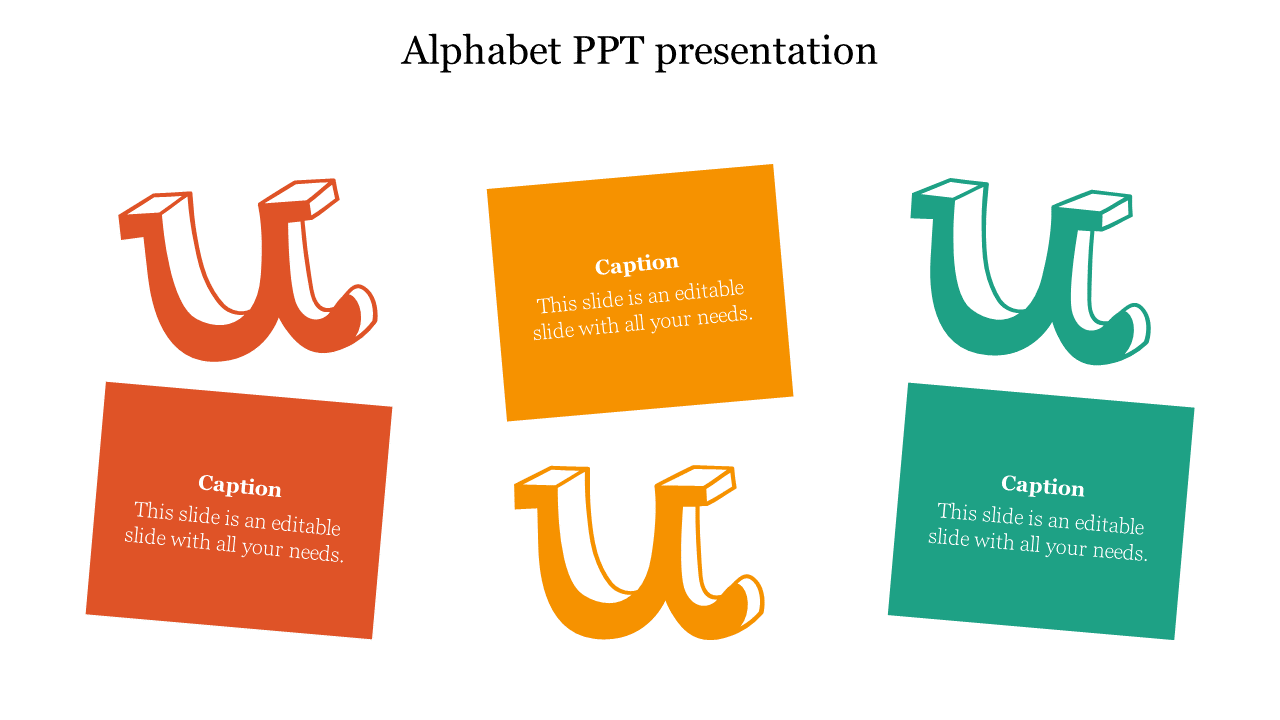 Alphabet themed PowerPoint presentation slide showcasing the letter U in multiple styles with captions.