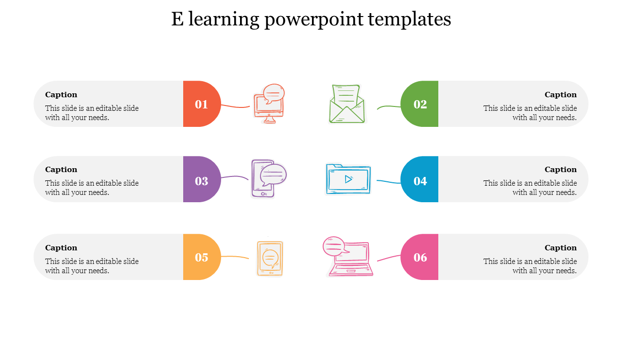 Slide featuring six colorful sections with icons related to online learning and caption areas.