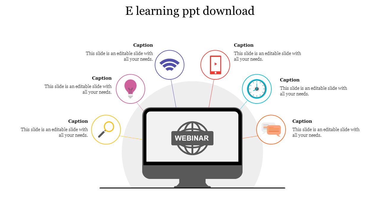 Infographic featuring a gray desktop screen with six colorful circular icons representing online learning tools.