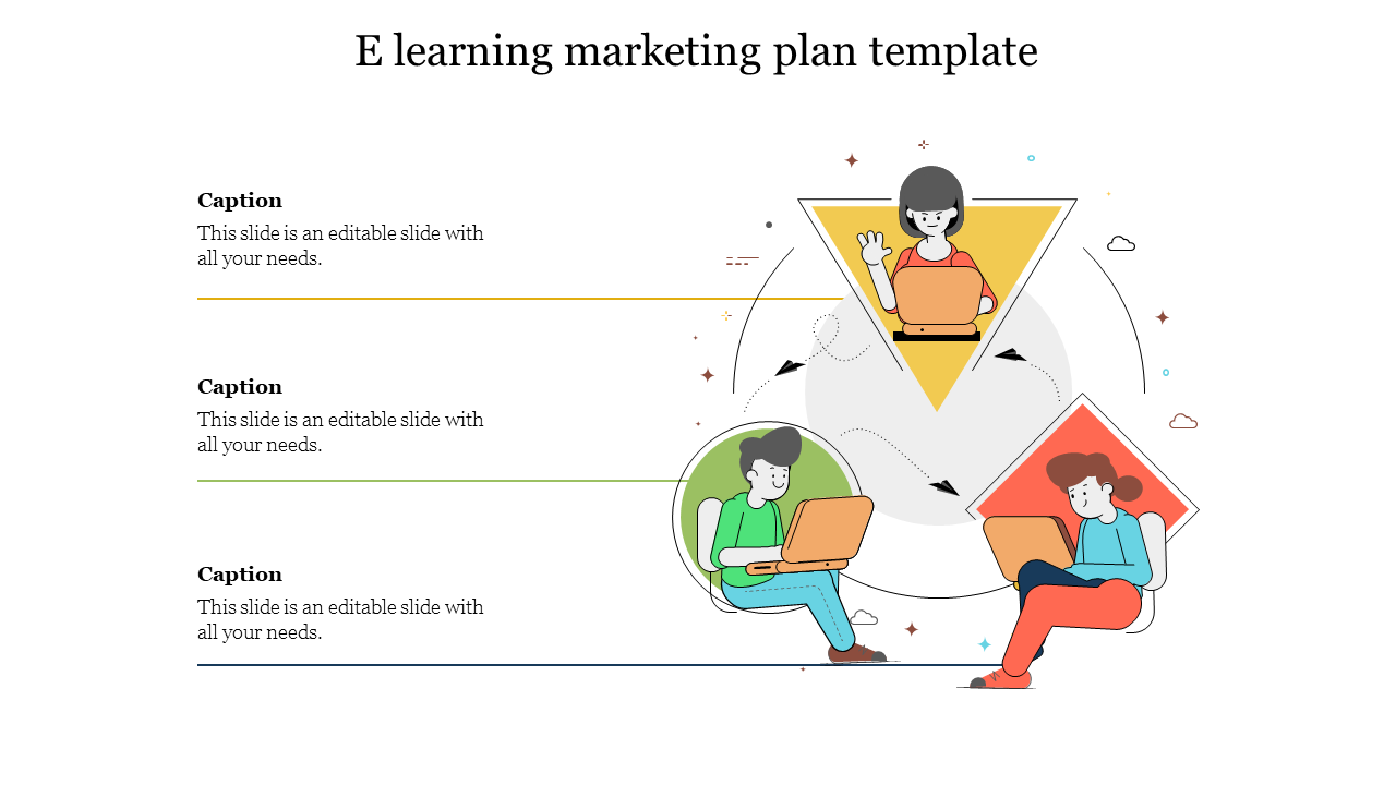 Three illustrated characters using laptops inside a yellow triangle, green circle, and red square, each linked to captions.