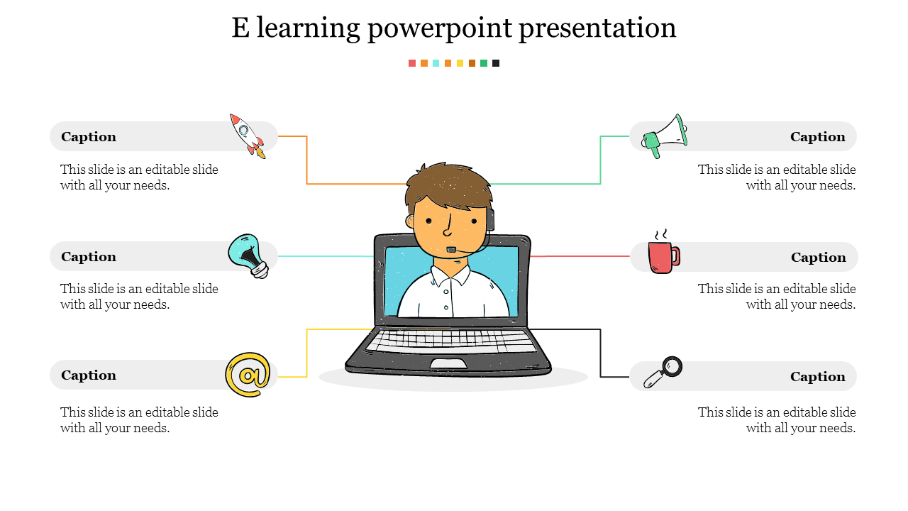 Online learning slide with illustrated student character on screen, and six icons connected by colored lines.