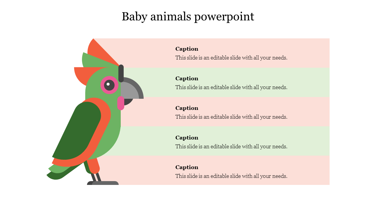 Baby animals themed PowerPoint template with a vibrant parrot graphic and four text boxes.