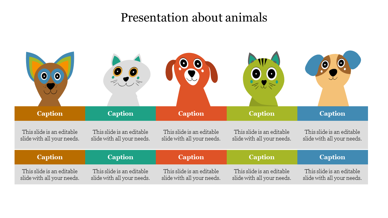 Animal themed PowerPoint template showcasing colorful animal faces with space for text below each image.