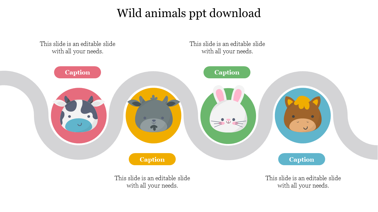 Colorful wild animal icons, including a cow, goat, rabbit, and horse on a PowerPoint slide.