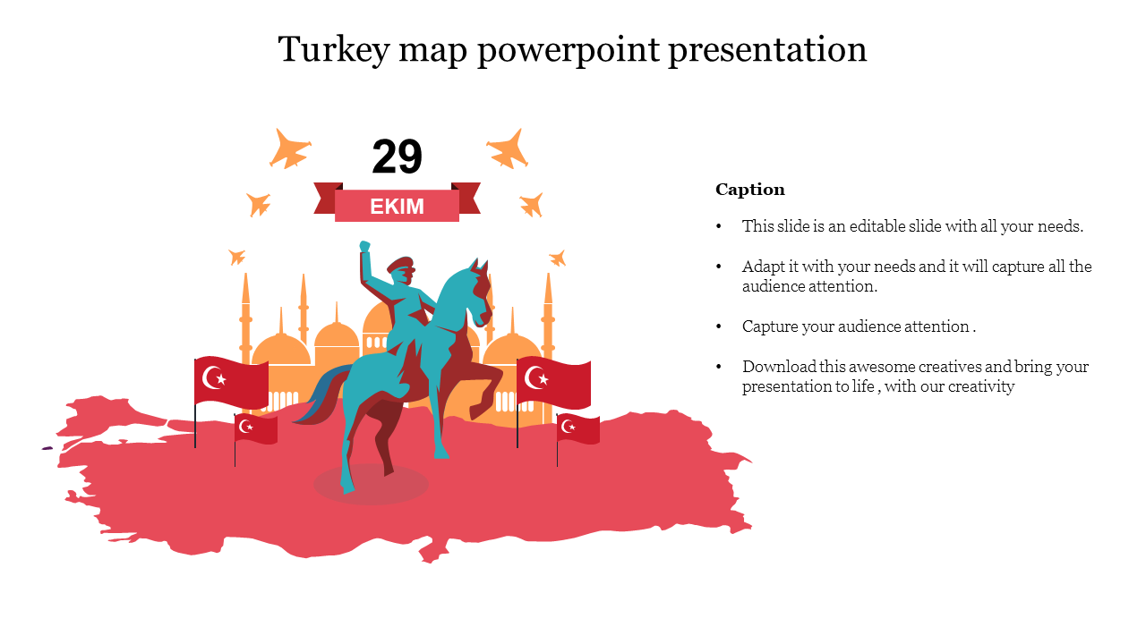 Illustration of a rider on a horse over a red Turkey map with flags, mosques, and flying planes, and text on the right.