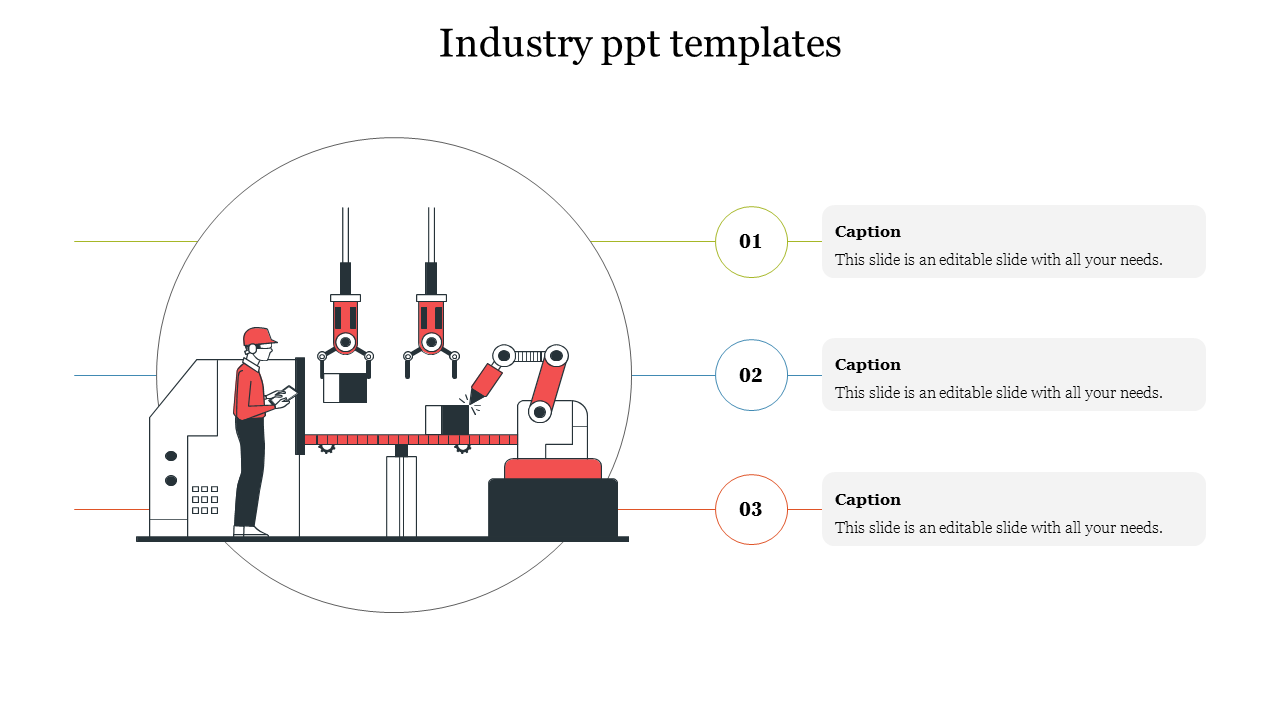 Industrial PowerPoint template with robotic arms and worker illustration with captions on a white backdrop.