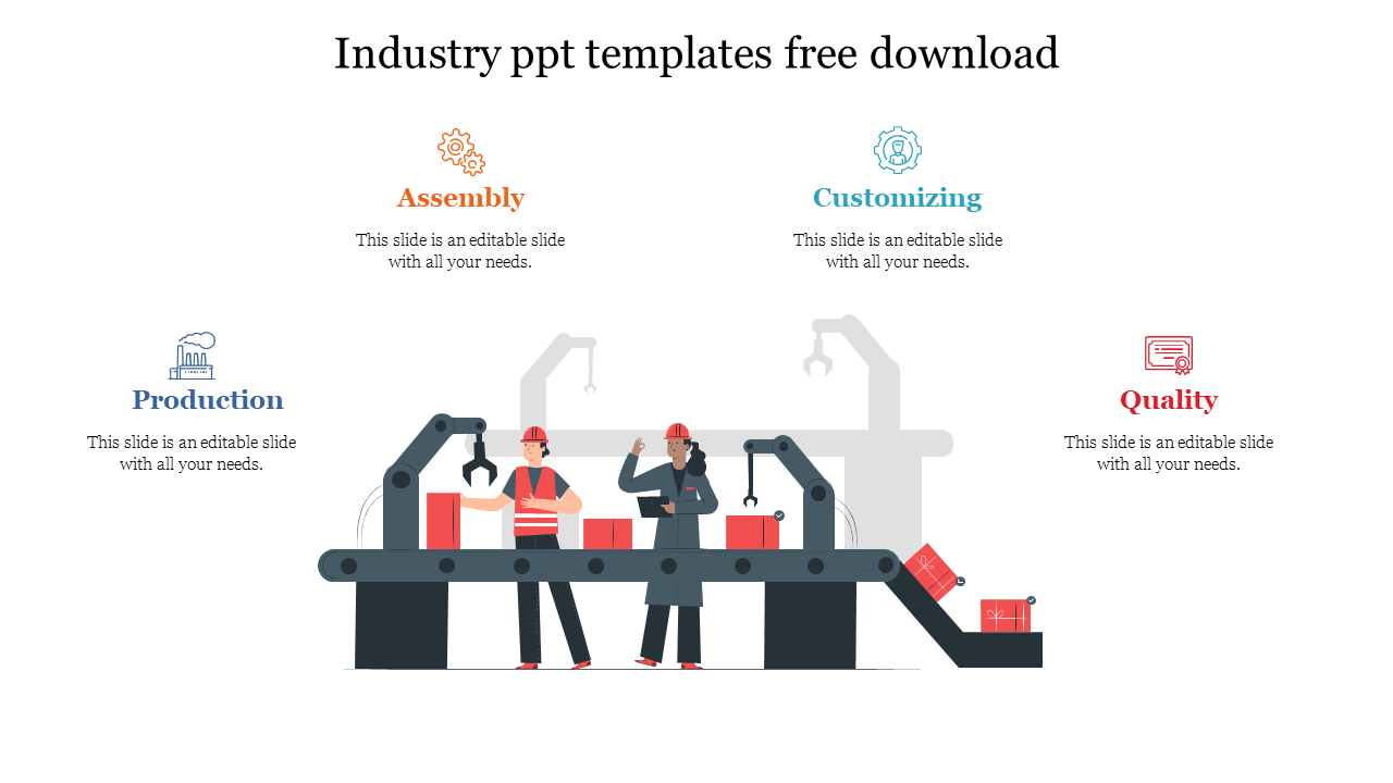 Industrial-themed  template with an assembly line illustration and four sections each with an icon and placeholder text.