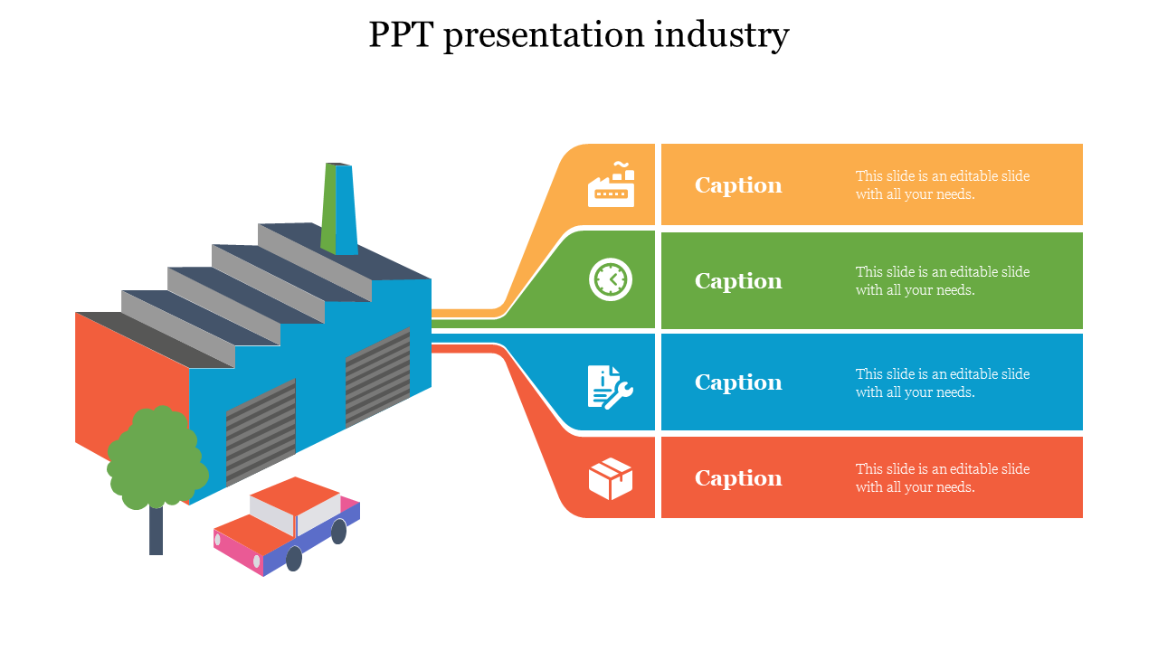 Industry themed slide showing a factory building on the left, connected to four colorful sections with captions and icons.