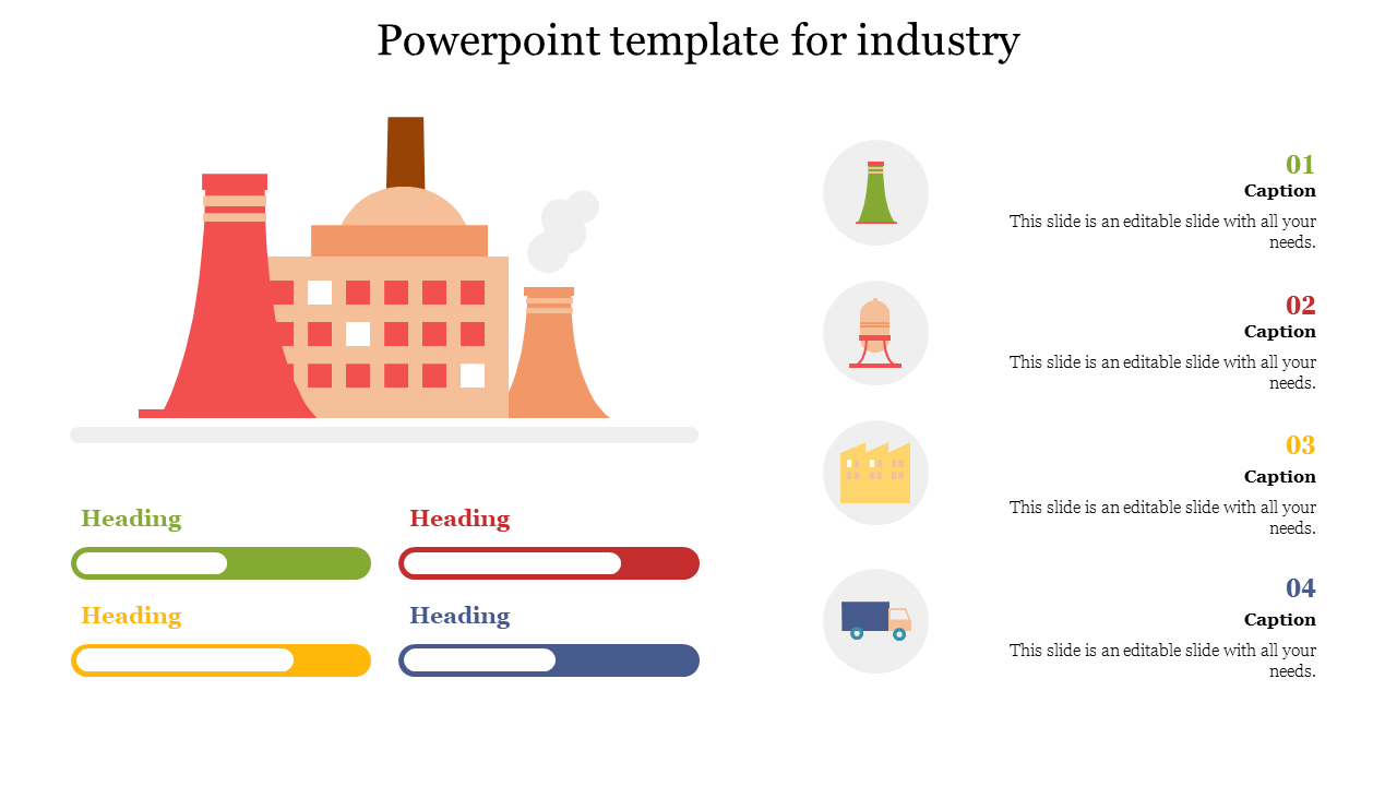 Industry slide with an illustration of a factory, featuring four colored progress bars, paired with circular icons and text.