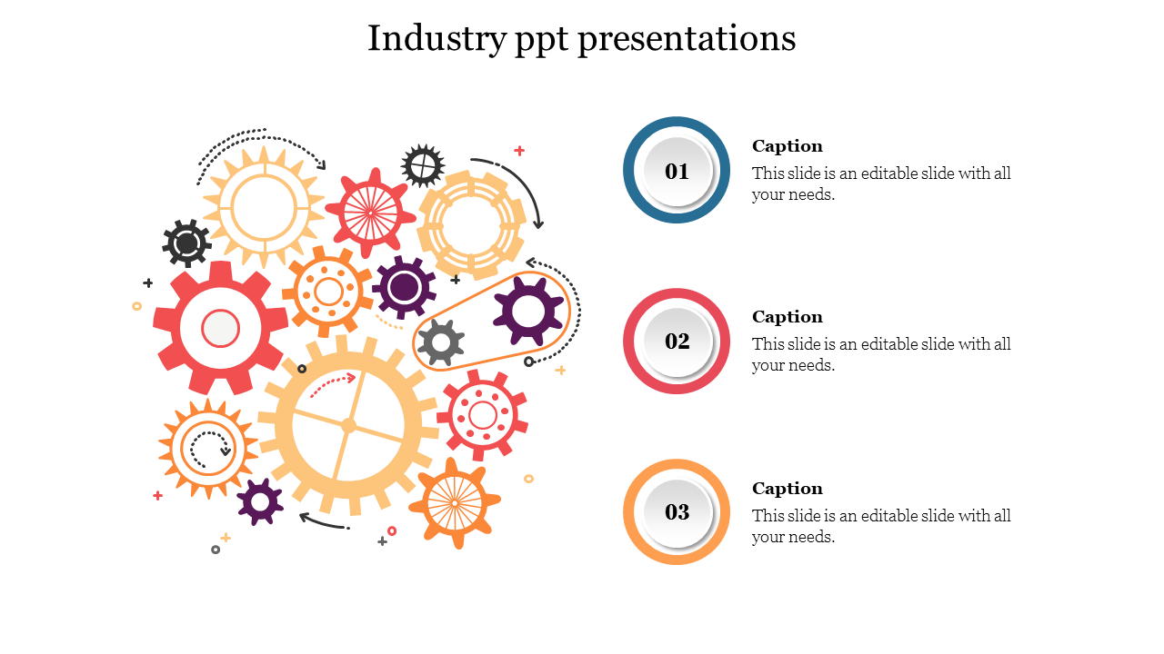 An arrangement of colorful interlocking gears in red, orange, and purple with three numbered circular icons on the right.