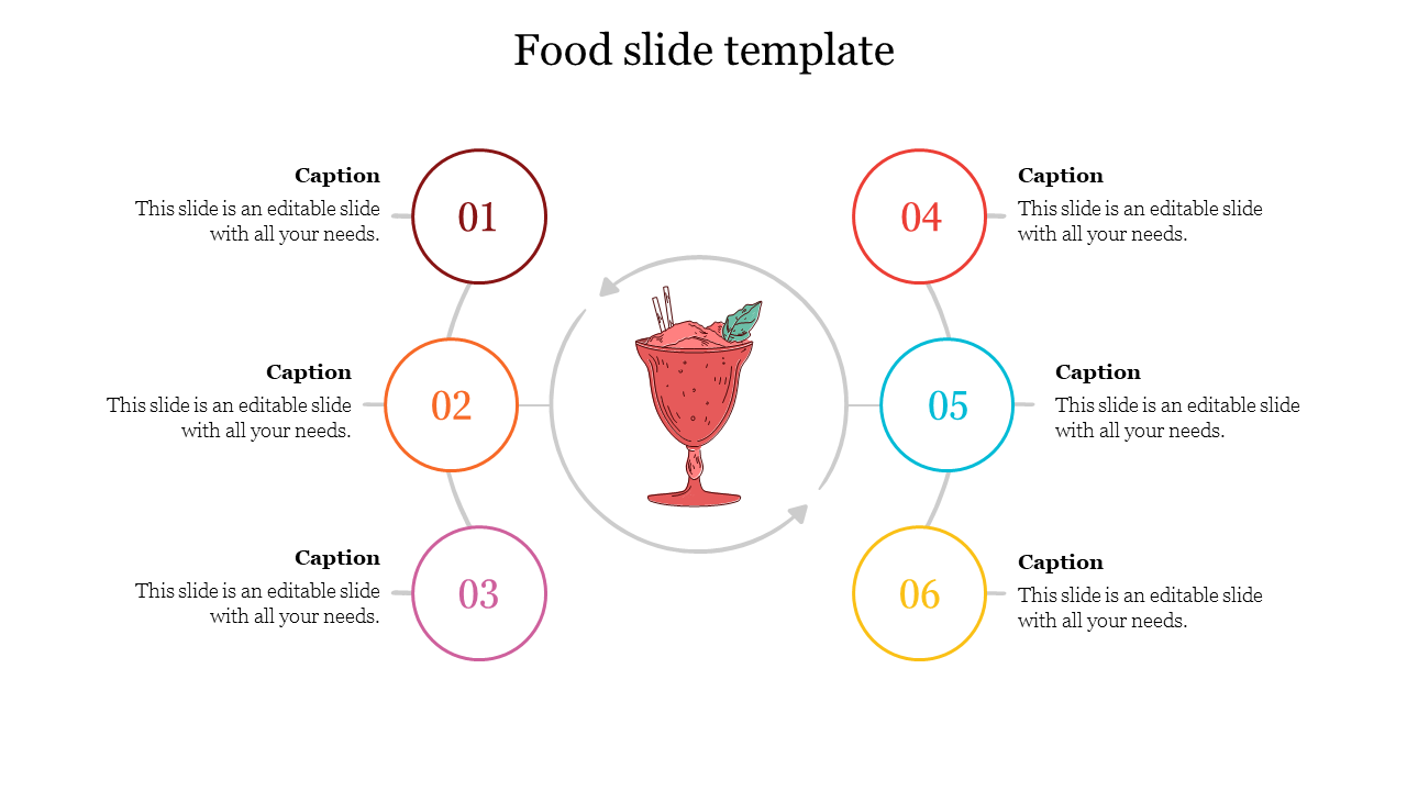 A food PPT slide with a drink illustration in the center and numbered sections for text on a white backdrop.