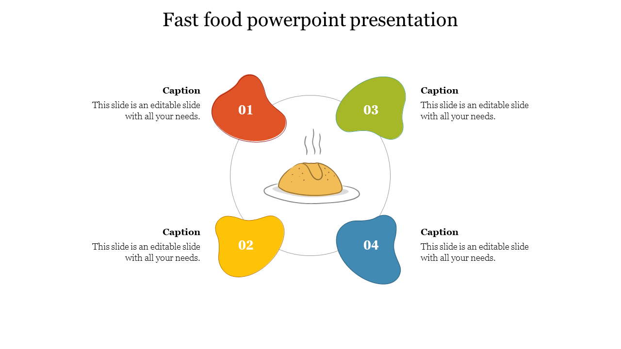 Fast food PowerPoint template featuring a central food icon with four surrounding colorful sections for captions.