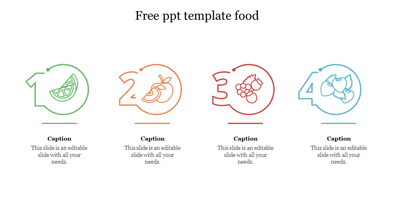 Four numbered outlines in green, orange, red, and blue featuring food icons like fruits, each paired with captions below.