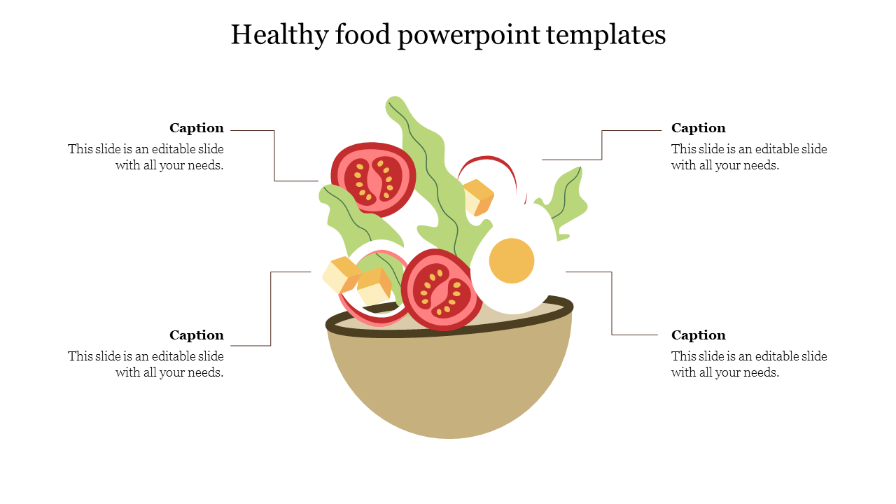 Illustration of a healthy food bowl with eggs, tomatoes, and greens, surrounded by four caption areas.