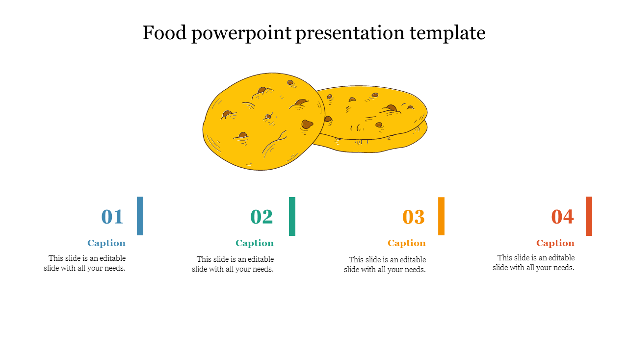 Food PowerPoint template with vibrant captions and a playful illustration of chocolate chip cookies on a white backdrop.