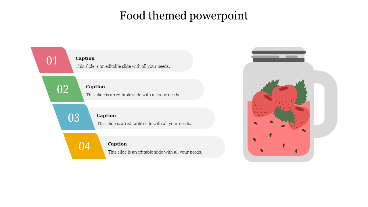 Food slide with a glass jar filled with strawberries and four colorful numbered text boxes in red, green, blue, and yellow.