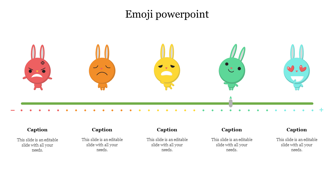 Emoji PowerPoint template with bunnies displaying different emotions and a colorful scale with captions on a white backdrop.