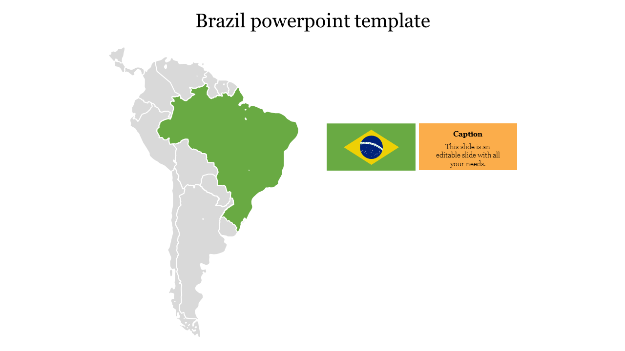 Map of South America with Brazil highlighted in green, next to a Brazilian flag and an orange caption box on the right.