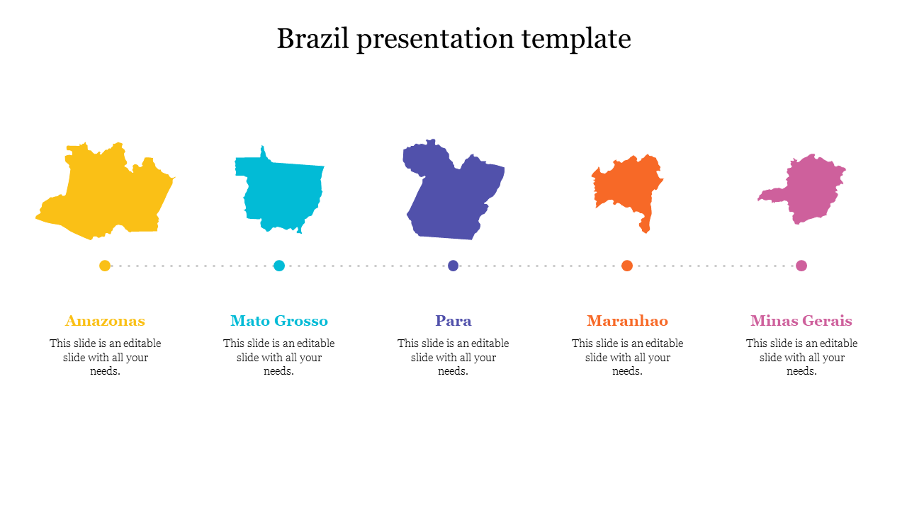 Colorful Brazil map regions in a presentation template showcasing Amazonas, Mato Grosso, Para, Maranhão, and Minas Gerais.