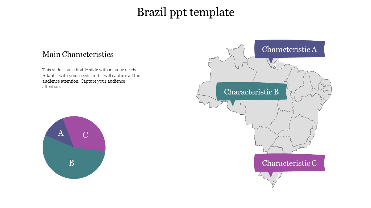 Brazil map with purple, blue, and teal markers for characteristics, and a pie chart divided into three labeled segments.