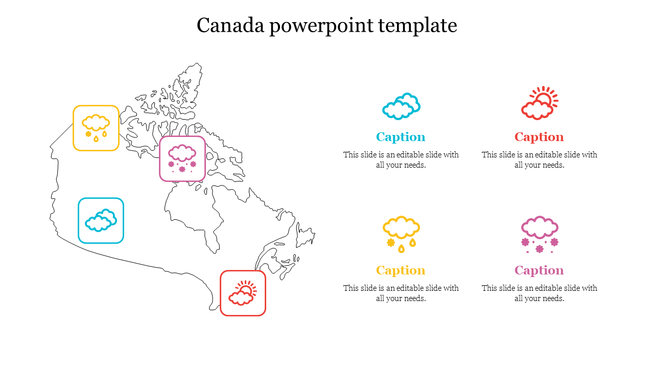 Outline map of Canada with four colorful weather icons indicating different regions with captions.