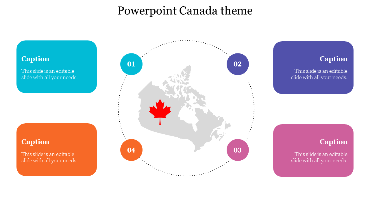 Slide featuring a dotted circular layout with Canada map highlighting red maple leaf, and four colorful text boxes around it.