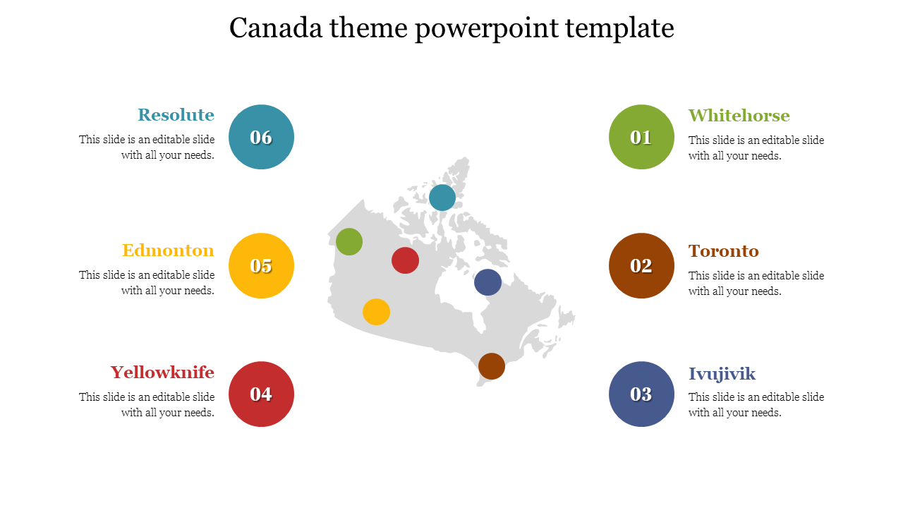 Canada map with location markers in green, brown, blue, red, yellow, and teal, each linked to a city name.