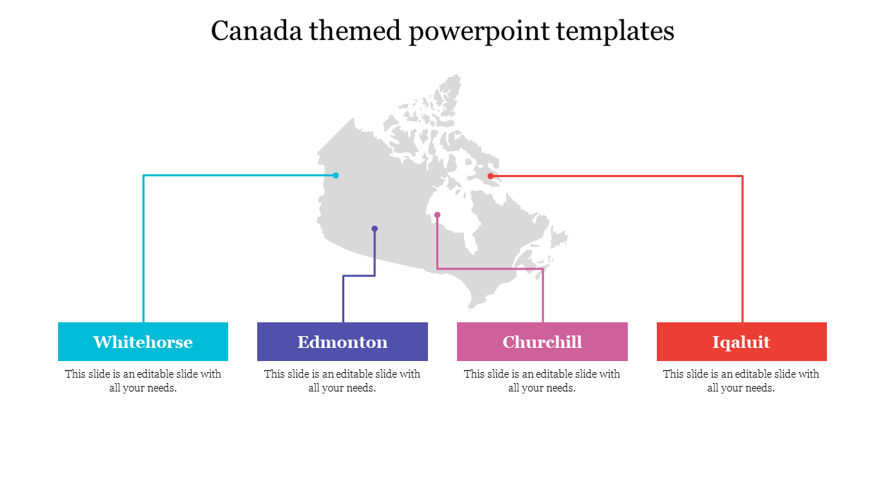 Canada themed template showing the map of Canada with icons for Whitehorse, Edmonton, Churchill, and Iqaluit with captions.