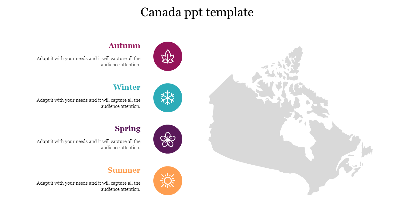 Gray Canada map with colorful icons representing the four seasons in red, teal, purple, and yellow, listed vertically.