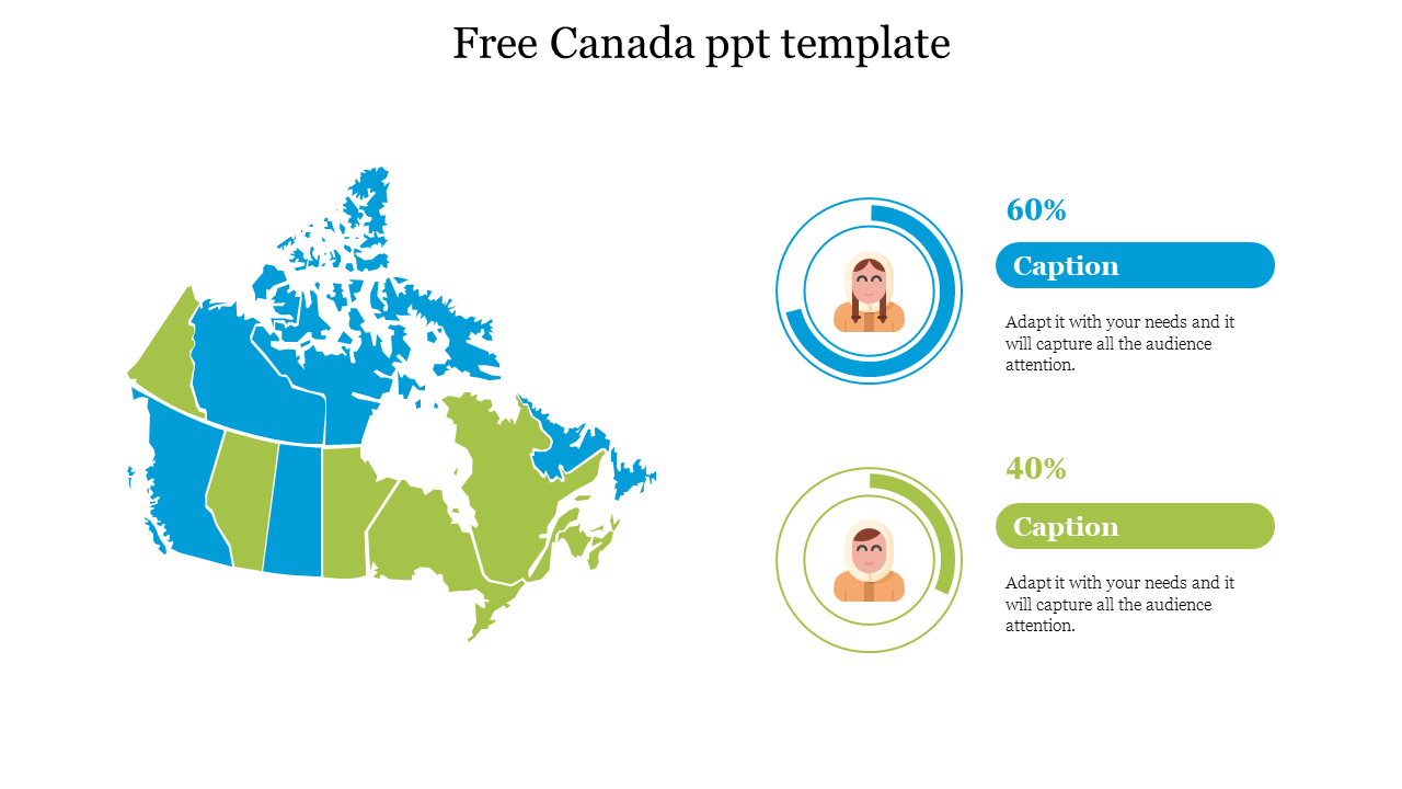 Canada map divided into blue and green regions, paired with two circular icons showing percentages and captions on the right.