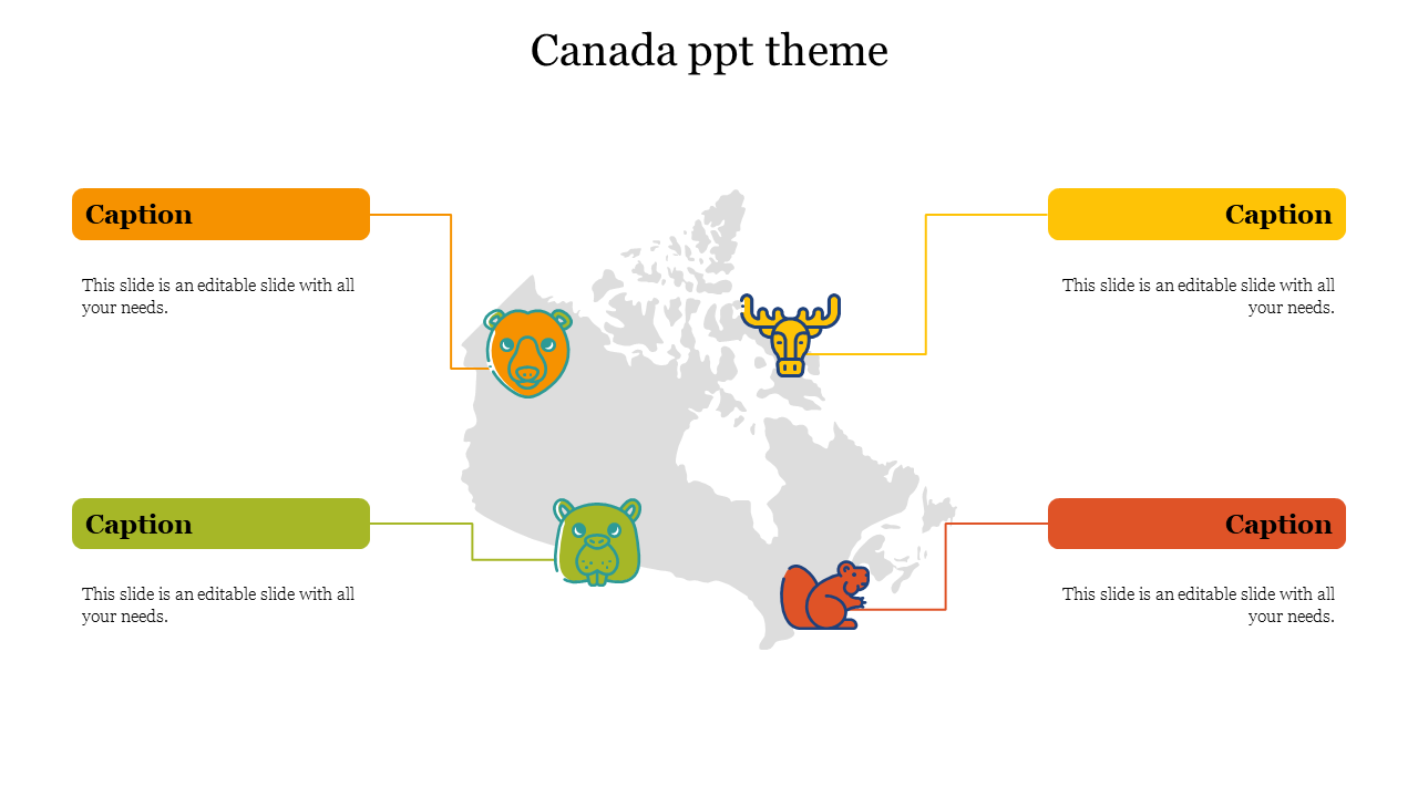 Canada-themed infographic featuring animal illustrations and labeled captions around a map outline.