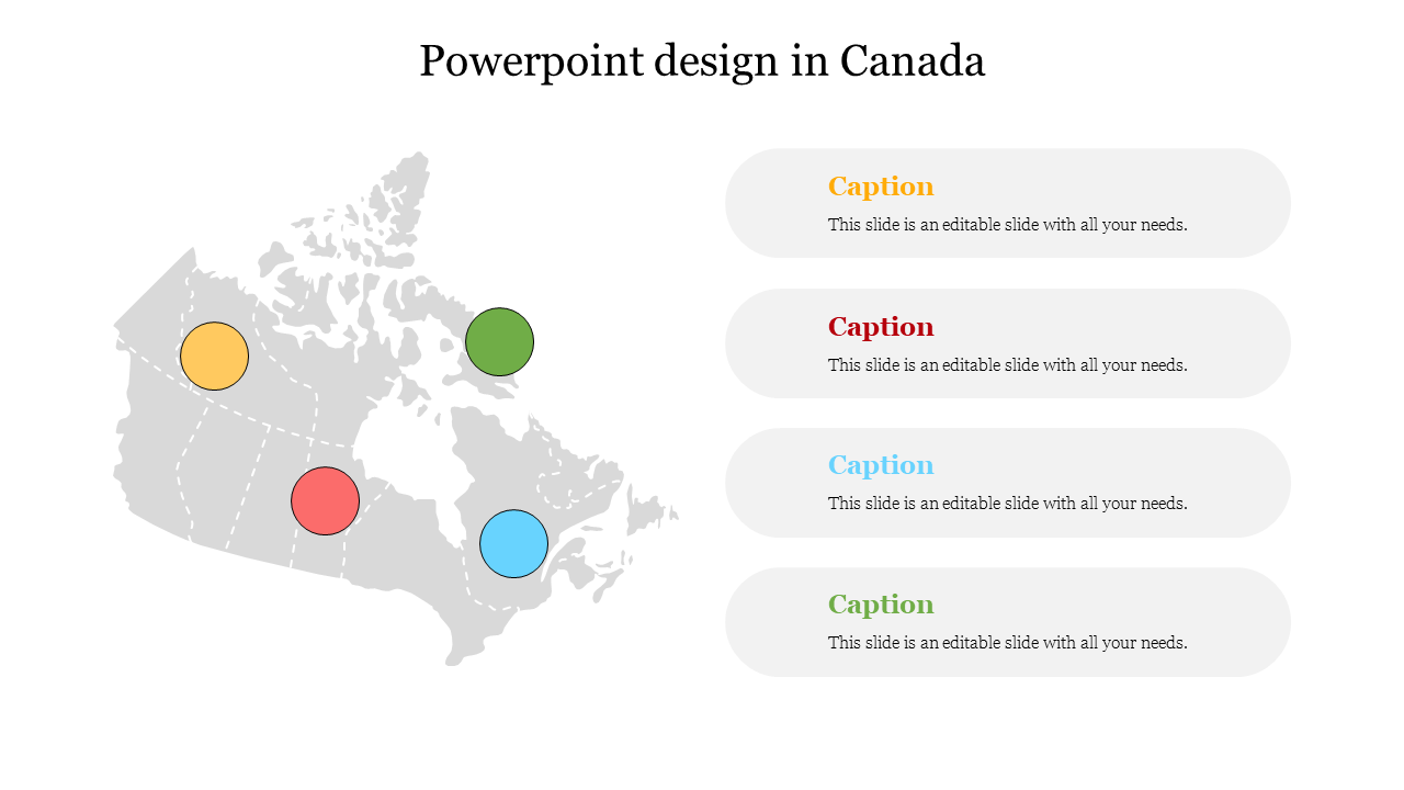 Map of Canada in gray with four colored circles in yellow, green, red, and blue, paired with text boxes on the side.