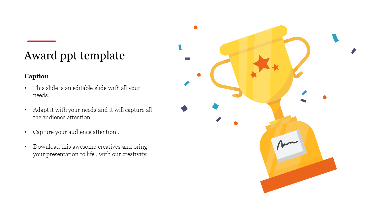 Award-themed slide template showing a celebratory trophy and text area for captions.