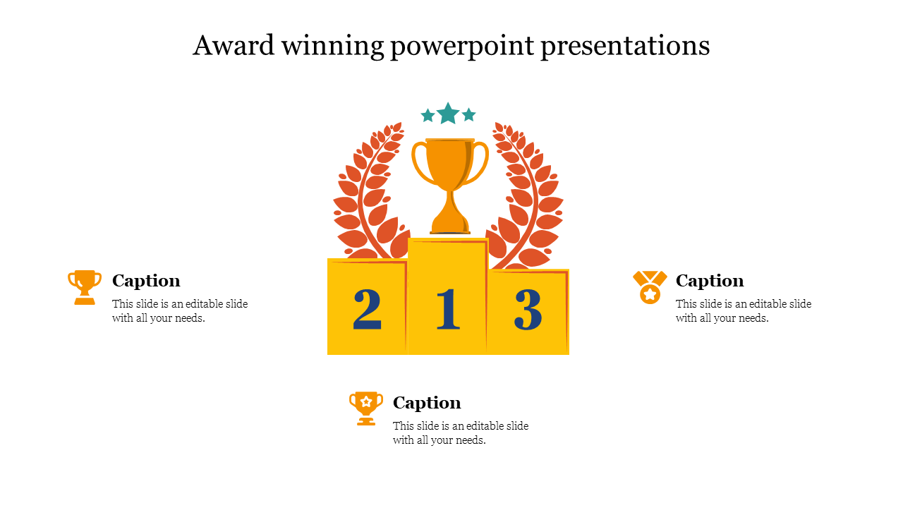 Yellow podium with trophy and laurel wreath, numbered 1, 2, and 3, representing award winning achievements.